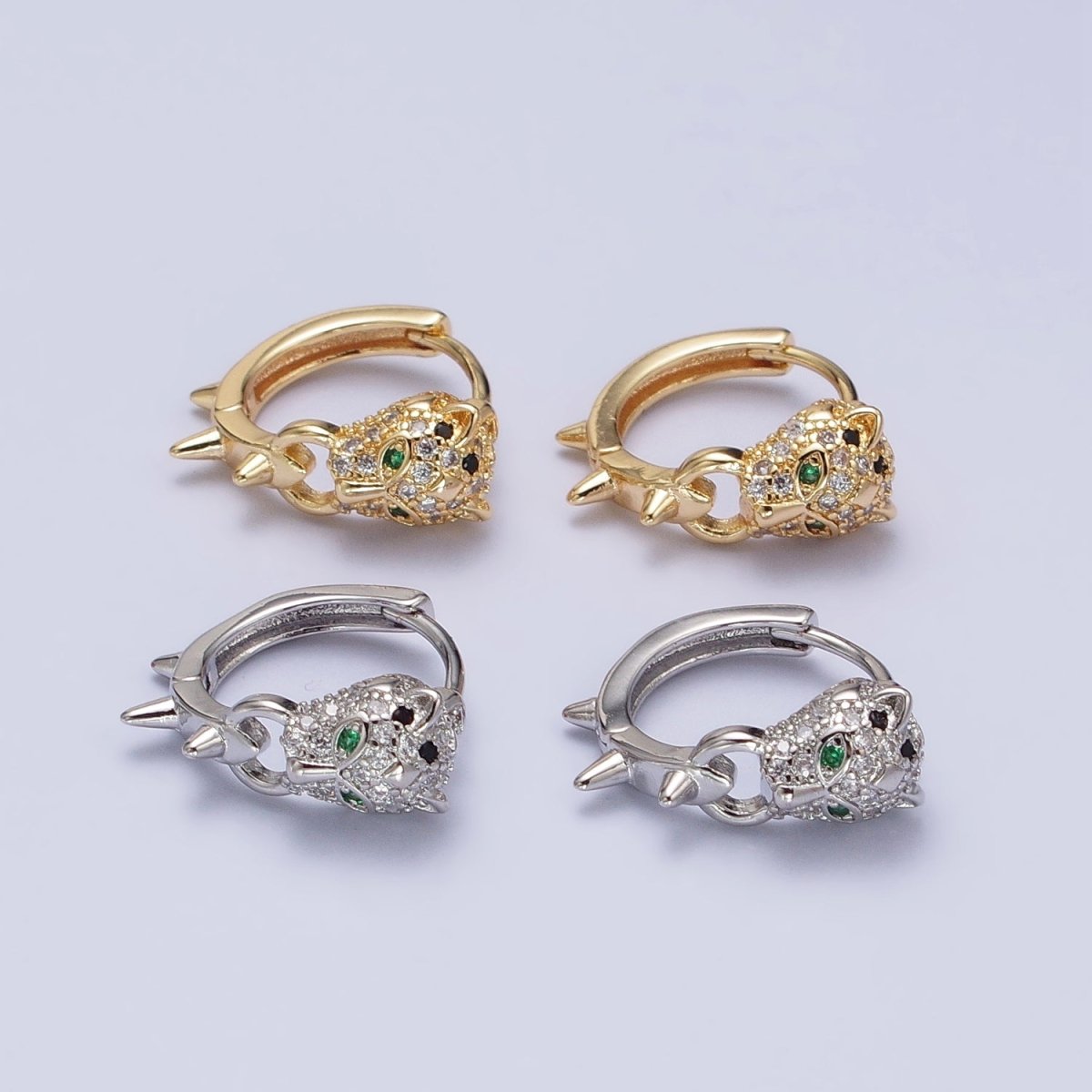 Silver, Gold 16mm Green-Eyed Panther Leopard Spiked Huggie Earrings | AB382 AB523 - DLUXCA