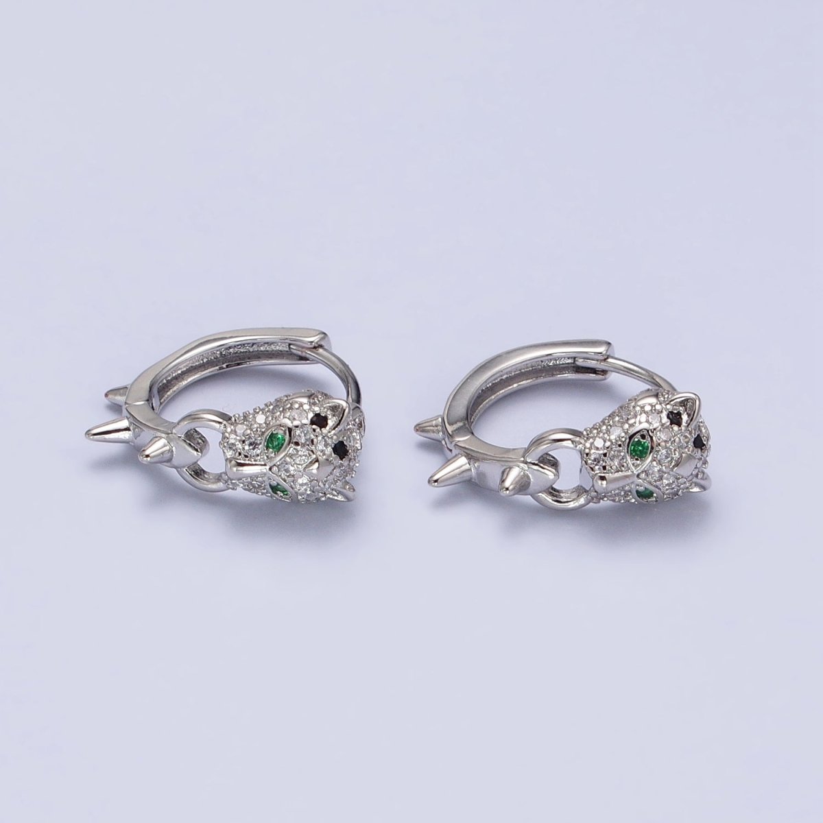 Silver, Gold 16mm Green-Eyed Panther Leopard Spiked Huggie Earrings | AB382 AB523 - DLUXCA