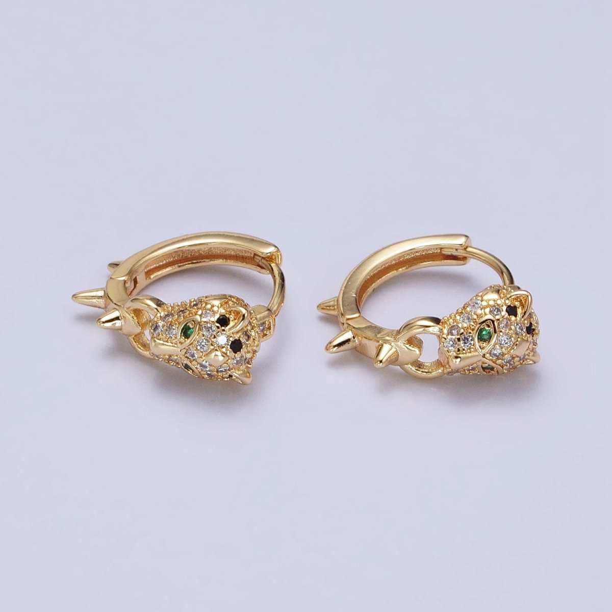 Silver, Gold 16mm Green-Eyed Panther Leopard Spiked Huggie Earrings | AB382 AB523 - DLUXCA