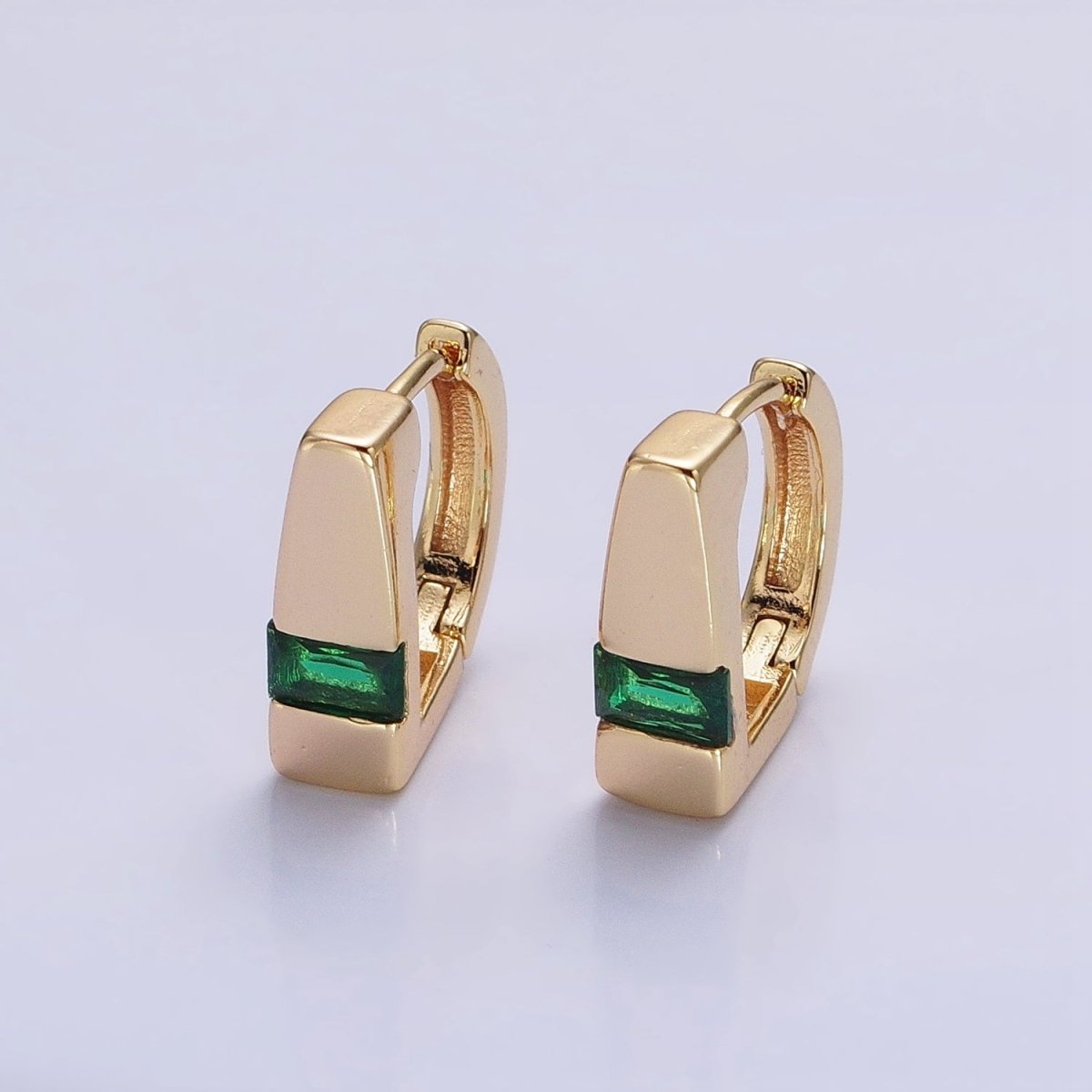 Silver, Gold Baguette Green CZ Geometric D-Shaped Huggie Earrings | AB817 AB906 - DLUXCA