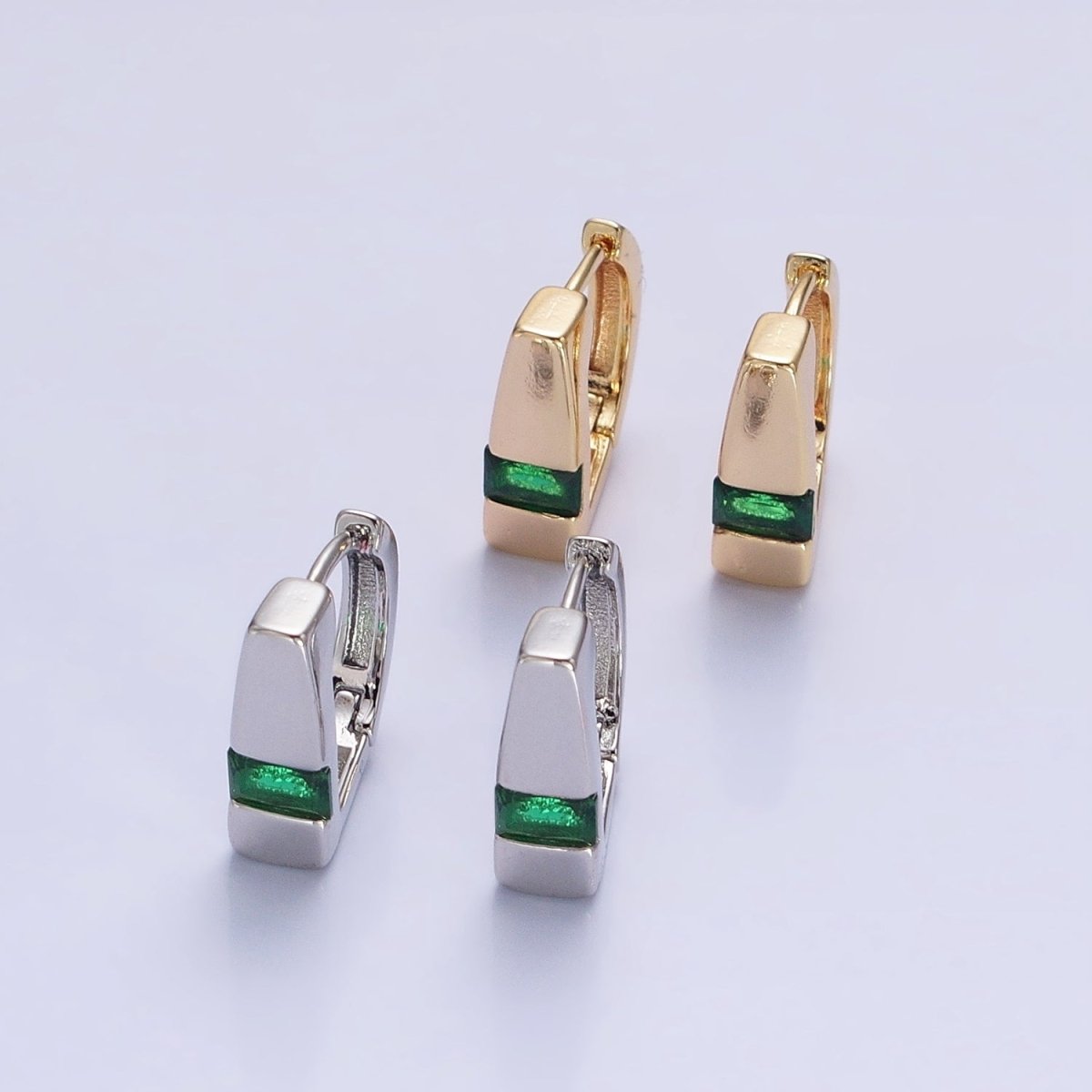 Silver, Gold Baguette Green CZ Geometric D-Shaped Huggie Earrings | AB817 AB906 - DLUXCA