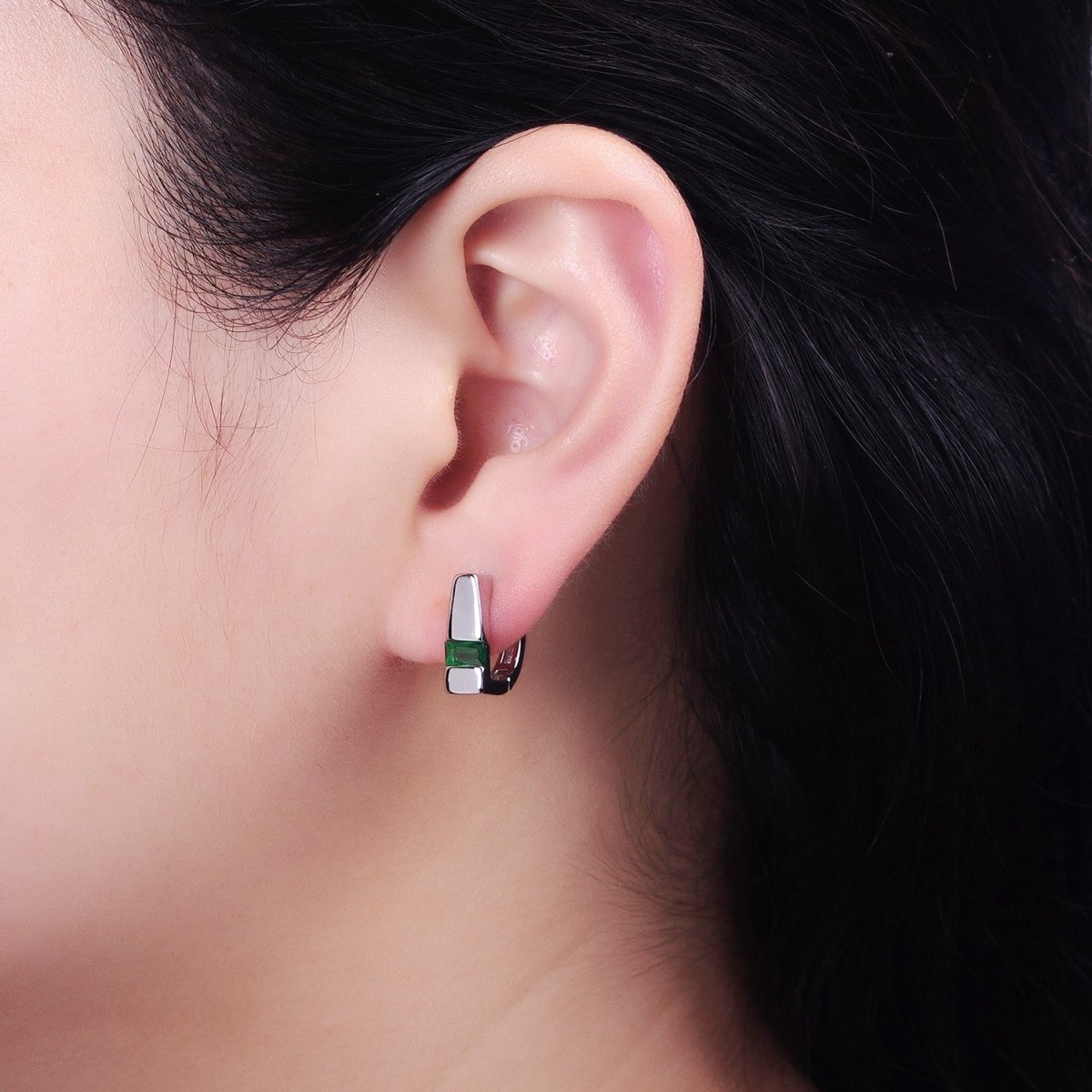 Silver, Gold Baguette Green CZ Geometric D-Shaped Huggie Earrings | AB817 AB906 - DLUXCA