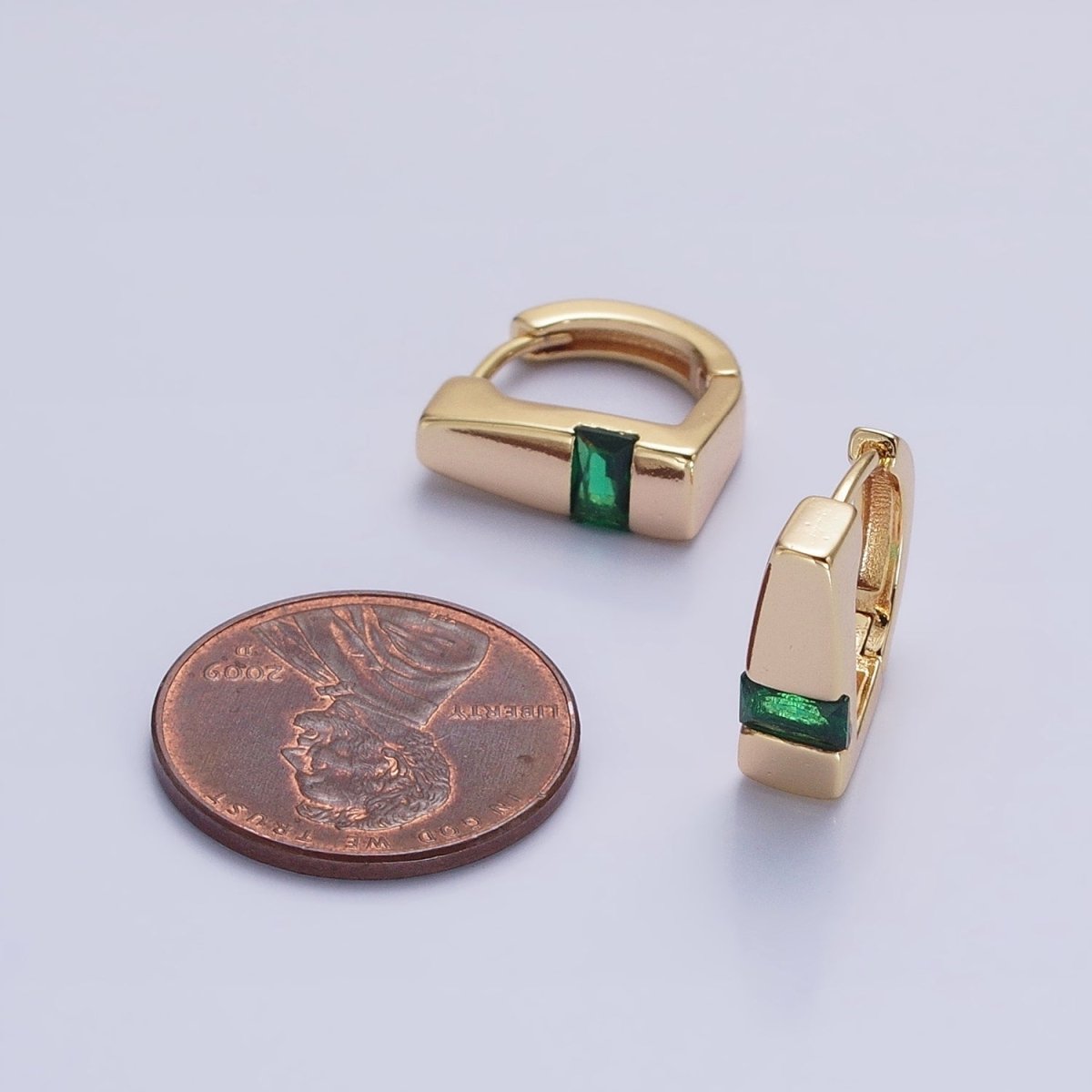 Silver, Gold Baguette Green CZ Geometric D-Shaped Huggie Earrings | AB817 AB906 - DLUXCA
