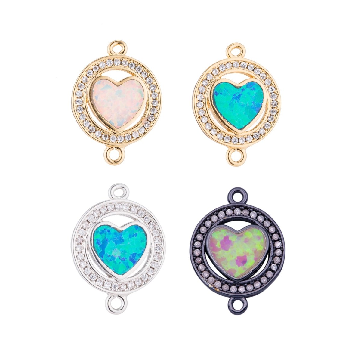 Silver, Gold, Black Gold Heart with Green/Blue Opal, Circle of Love, Cubic Zirconia Bracelet Charm Bead Finding CONNECTOR For Jewelry Making | F-125 - DLUXCA