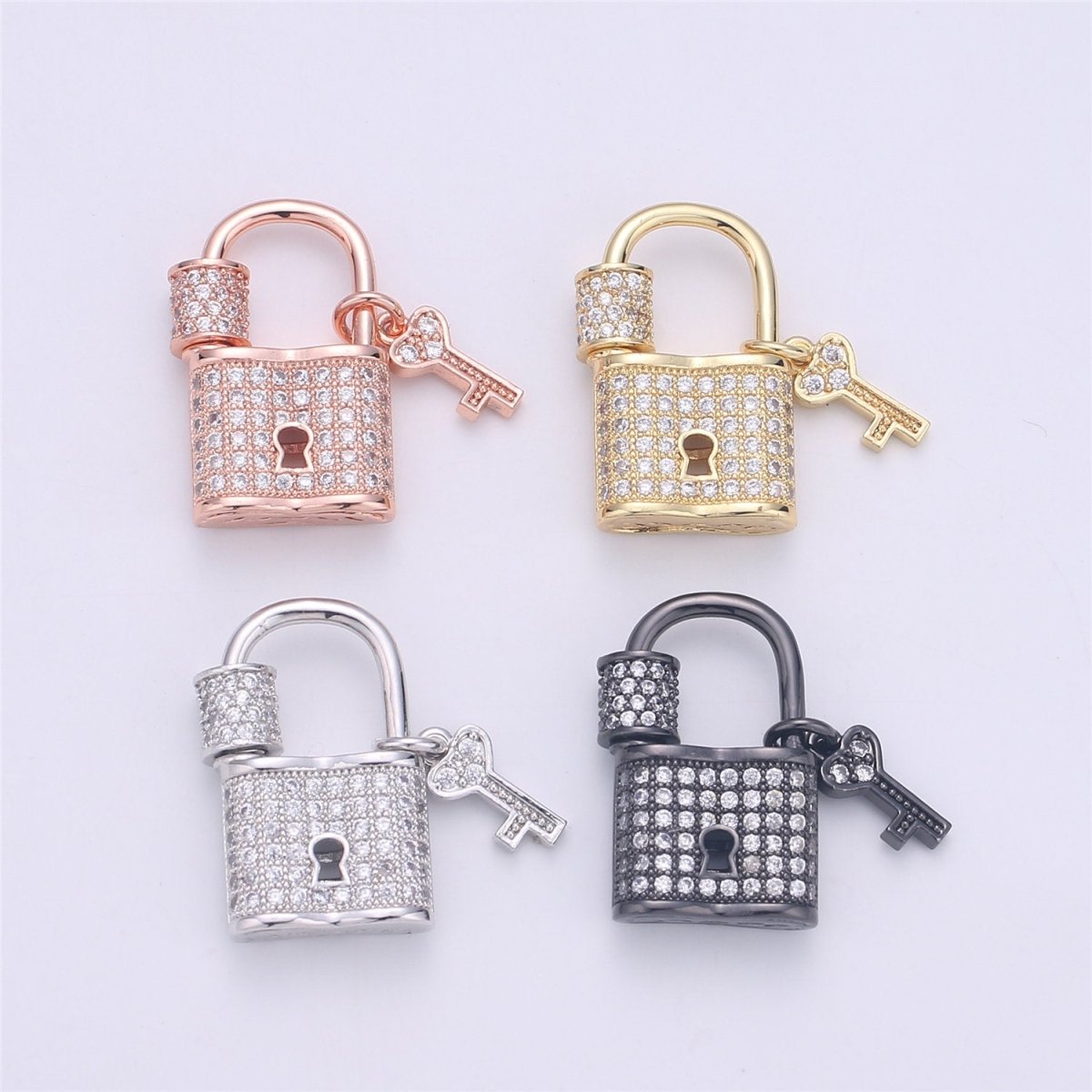 Silver Gold Black Small Padlock CZ Cubic Zirconia Charm - 24k gold Filled Screw Micro Pave Charm Pendant Wholesale Clasp Charms, K-386 - DLUXCA