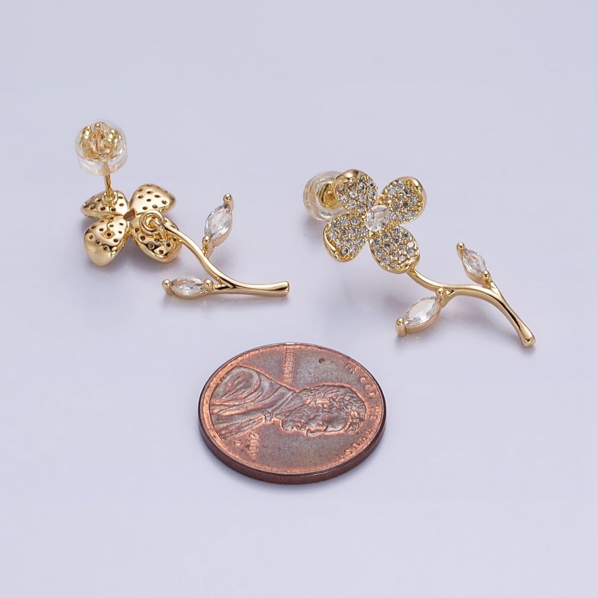 Silver, Gold Blooming Flower Marquise Leaf Micro Paved CZ Stud Earrings | AB812 AB832 - DLUXCA