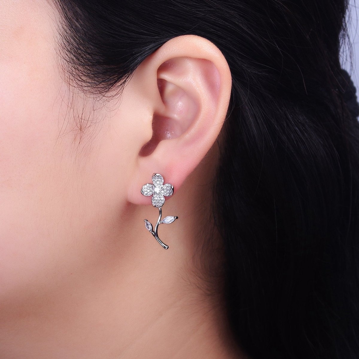 Silver, Gold Blooming Flower Marquise Leaf Micro Paved CZ Stud Earrings | AB812 AB832 - DLUXCA