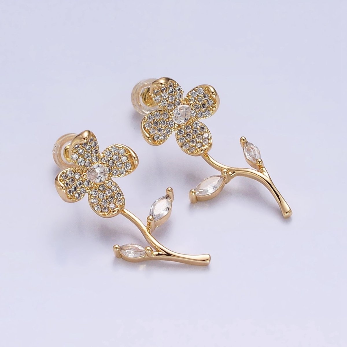 Silver, Gold Blooming Flower Marquise Leaf Micro Paved CZ Stud Earrings | AB812 AB832 - DLUXCA