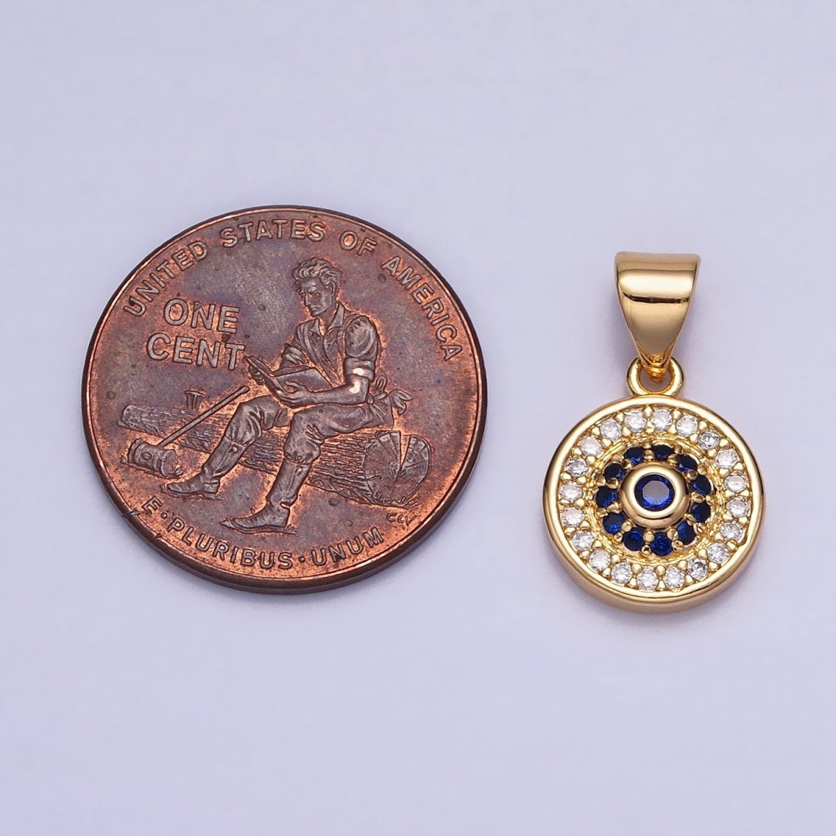 Silver, Gold Blue Clear Evil Eye Micro Paved 10mm Round Pendant | AA346 AA365 - DLUXCA
