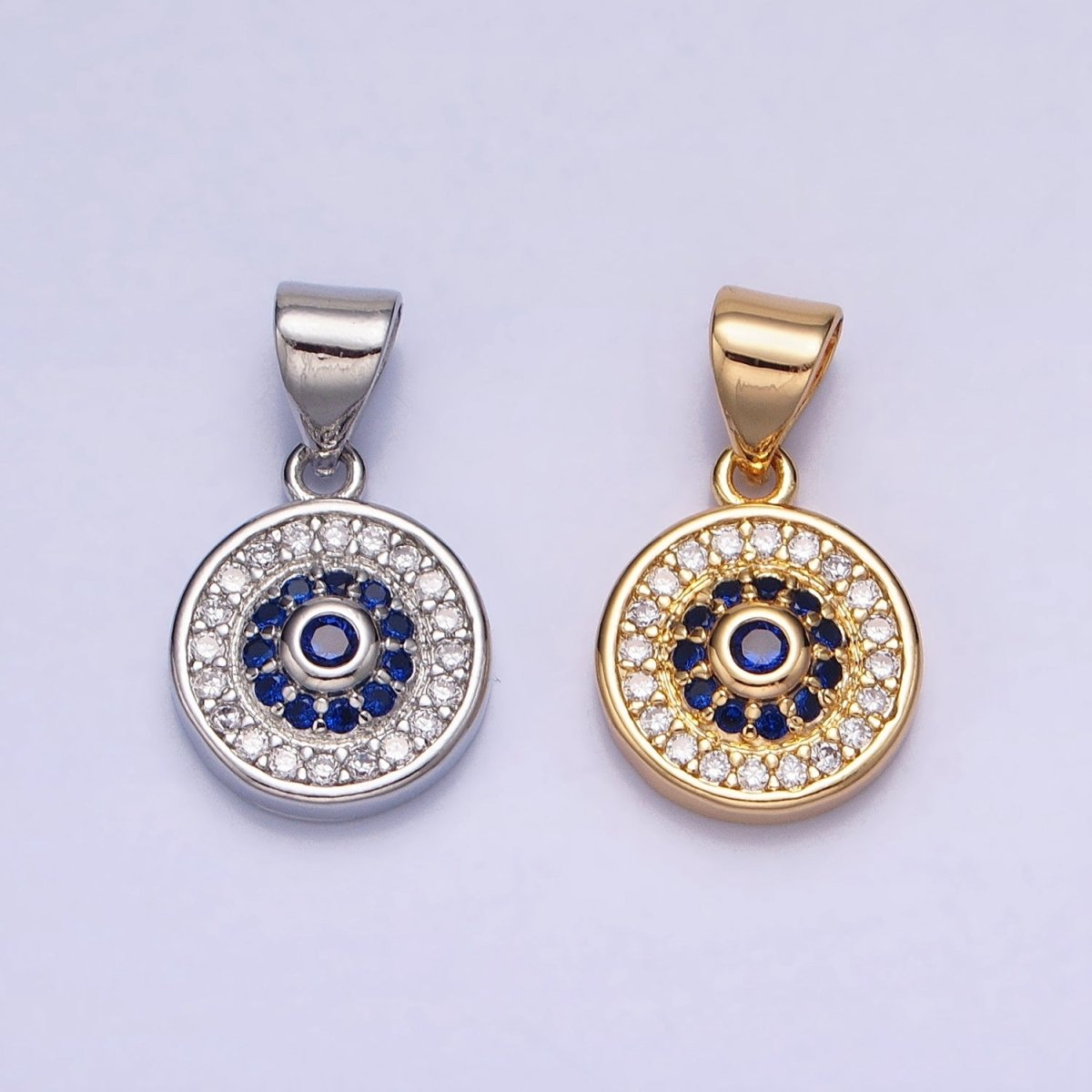 Silver, Gold Blue Clear Evil Eye Micro Paved 10mm Round Pendant | AA346 AA365 - DLUXCA