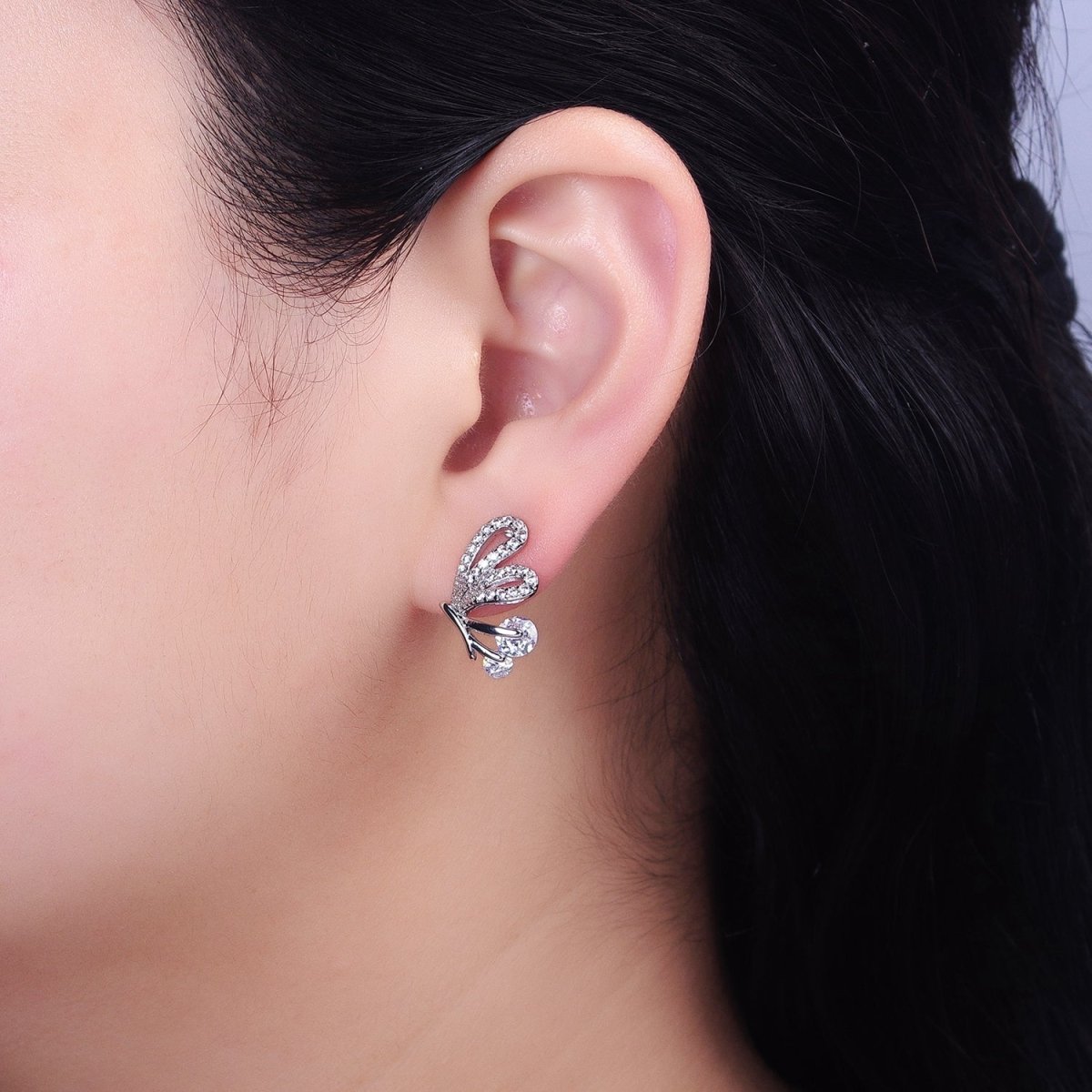 Silver, Gold Butterfly Mariposa Outline Micro Paved CZ Stud Earrings | AB816 AB833 - DLUXCA