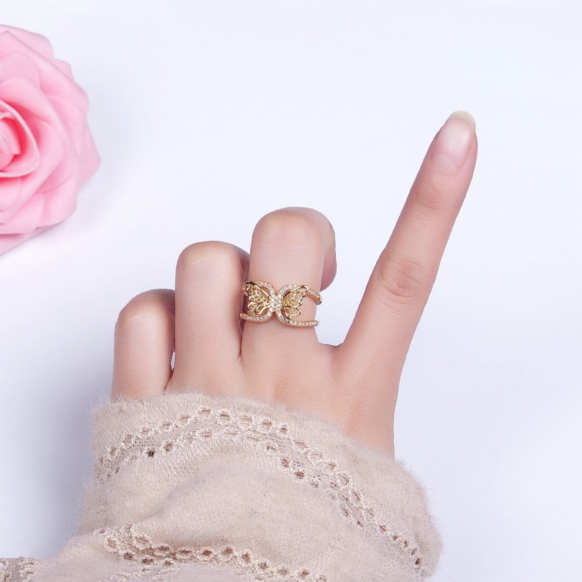 Silver, Gold Butterfly Mariposa Wings Micro Paved CZ Double Band Ring | O-1898 O-1899 - DLUXCA