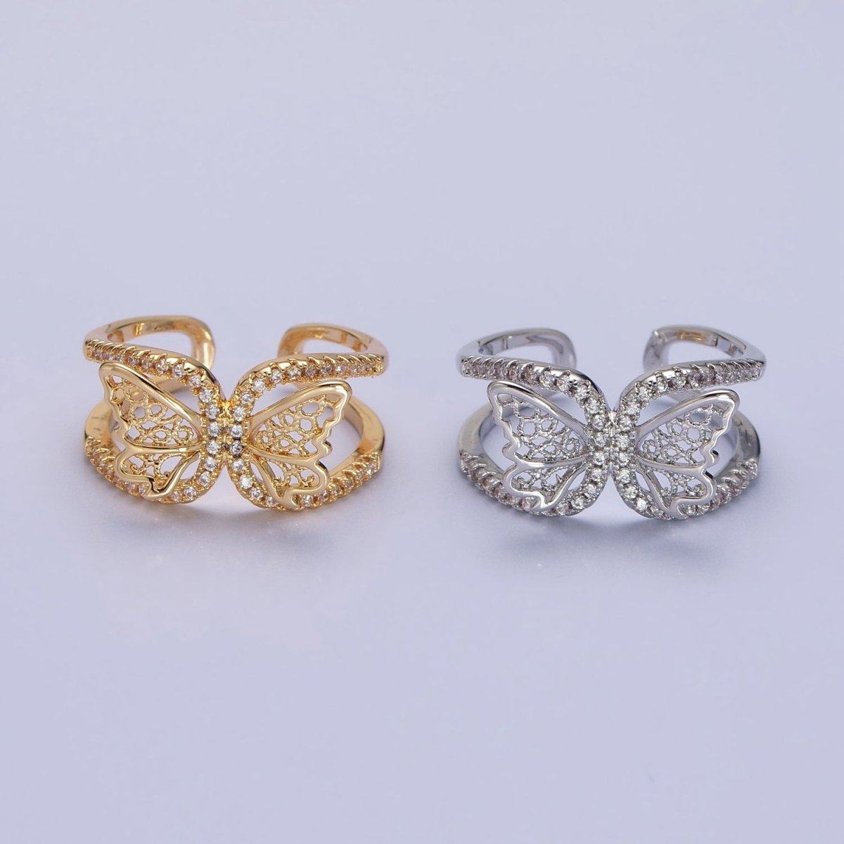 Silver, Gold Butterfly Mariposa Wings Micro Paved CZ Double Band Ring | O-1898 O-1899 - DLUXCA