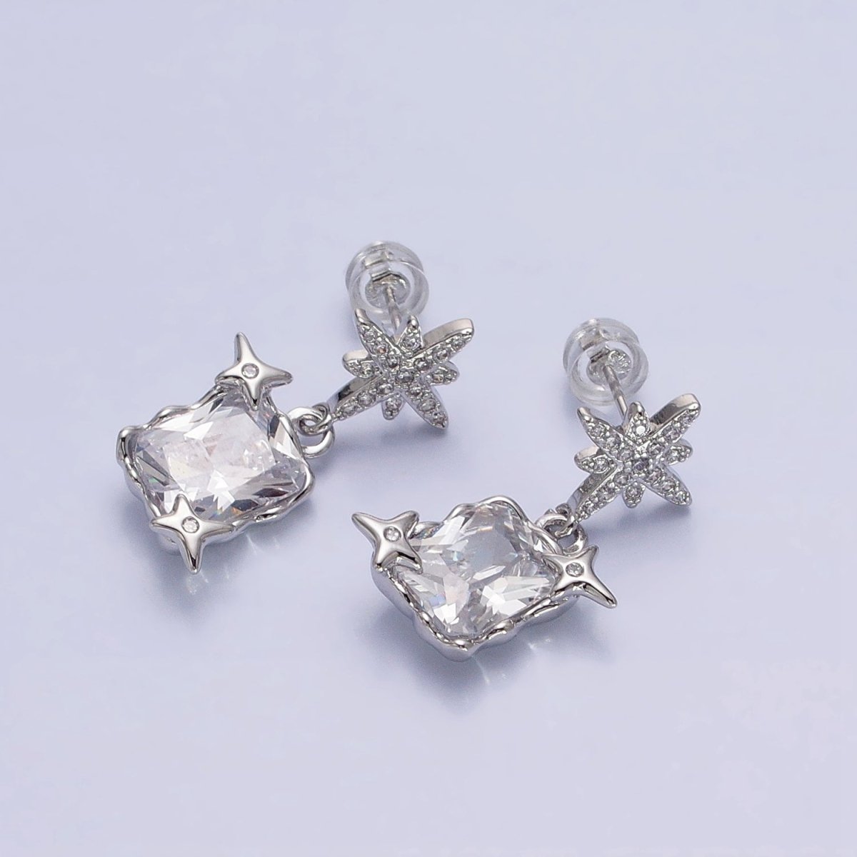Silver, Gold Clear Baguette CZ Micro Paved Celestial North Star Stud Earrings | AB1090 AD788 - DLUXCA