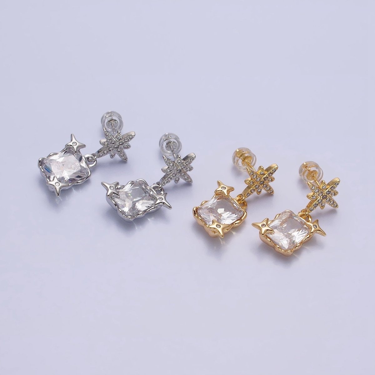 Silver, Gold Clear Baguette CZ Micro Paved Celestial North Star Stud Earrings | AB1090 AD788 - DLUXCA