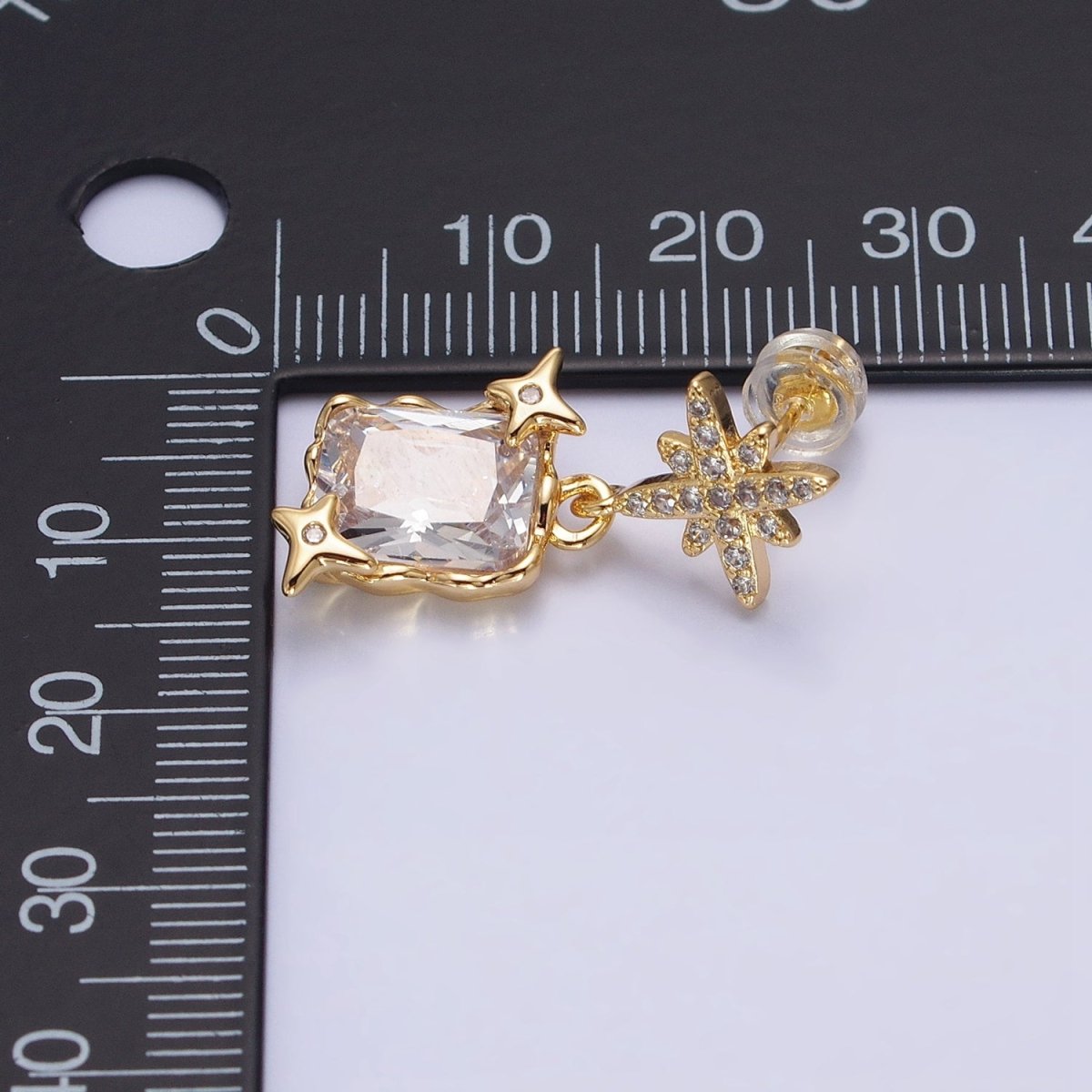 Silver, Gold Clear Baguette CZ Micro Paved Celestial North Star Stud Earrings | AB1090 AD788 - DLUXCA