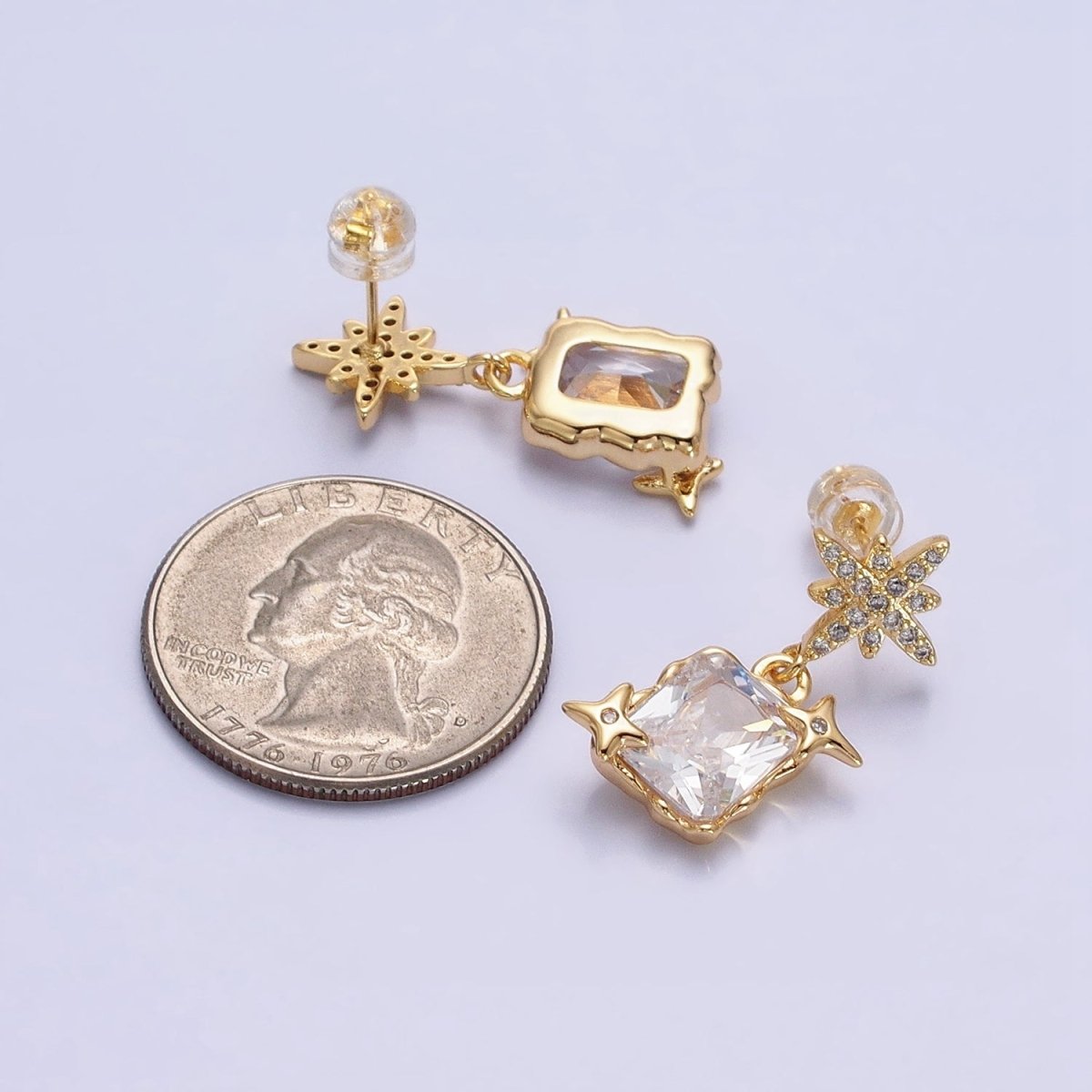 Silver, Gold Clear Baguette CZ Micro Paved Celestial North Star Stud Earrings | AB1090 AD788 - DLUXCA