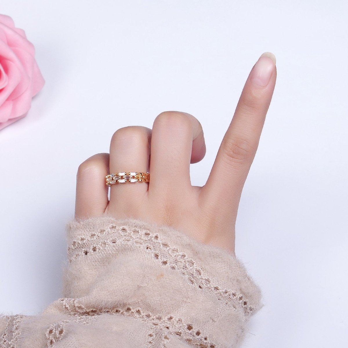 Silver, Gold Clear Baguette CZ Panther Chain Link Band Ring | O-1507 O-1508 - DLUXCA