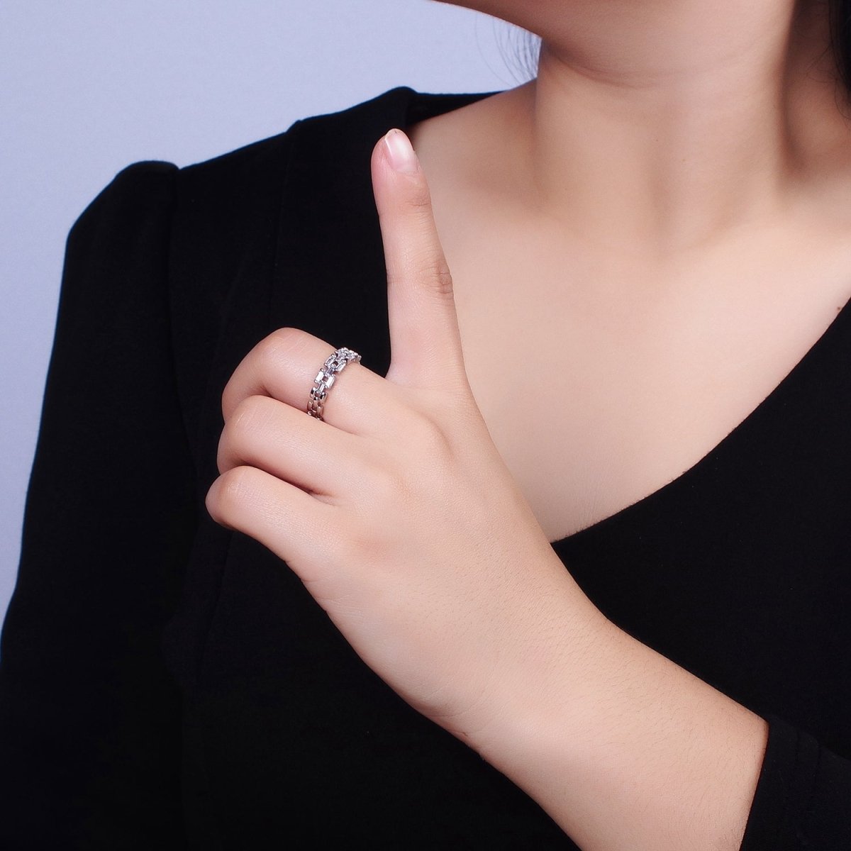 Silver, Gold Clear Baguette CZ Panther Chain Link Band Ring | O-1507 O-1508 - DLUXCA