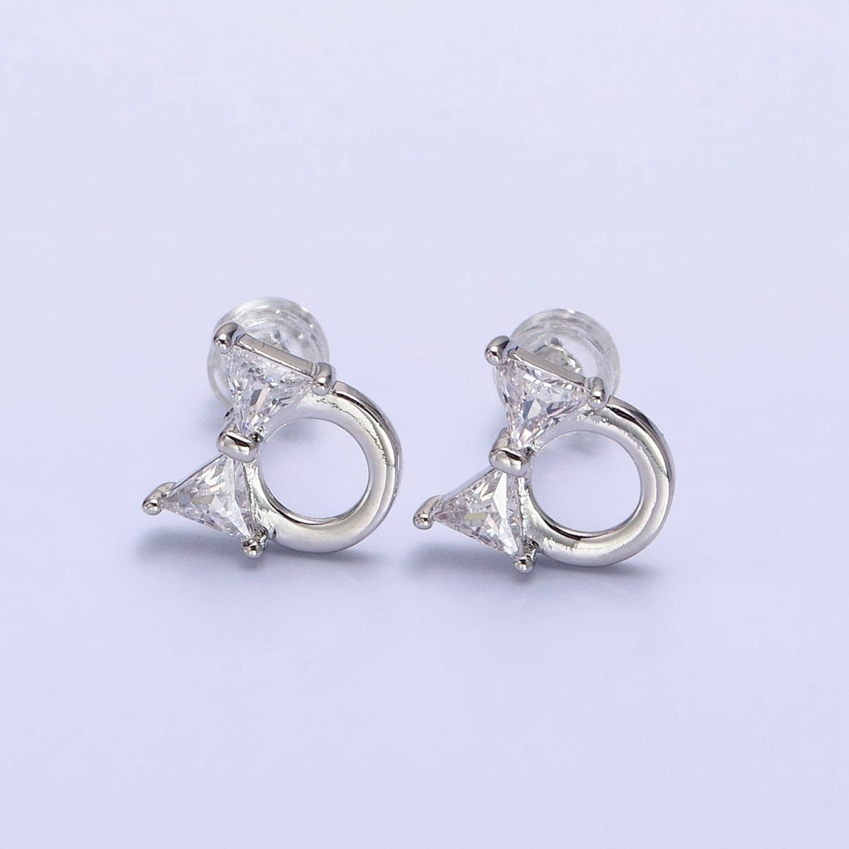 Silver, Gold Clear CZ Ribbon Bow Round Open Geometric Stud Earrings | AB580 AB610 - DLUXCA