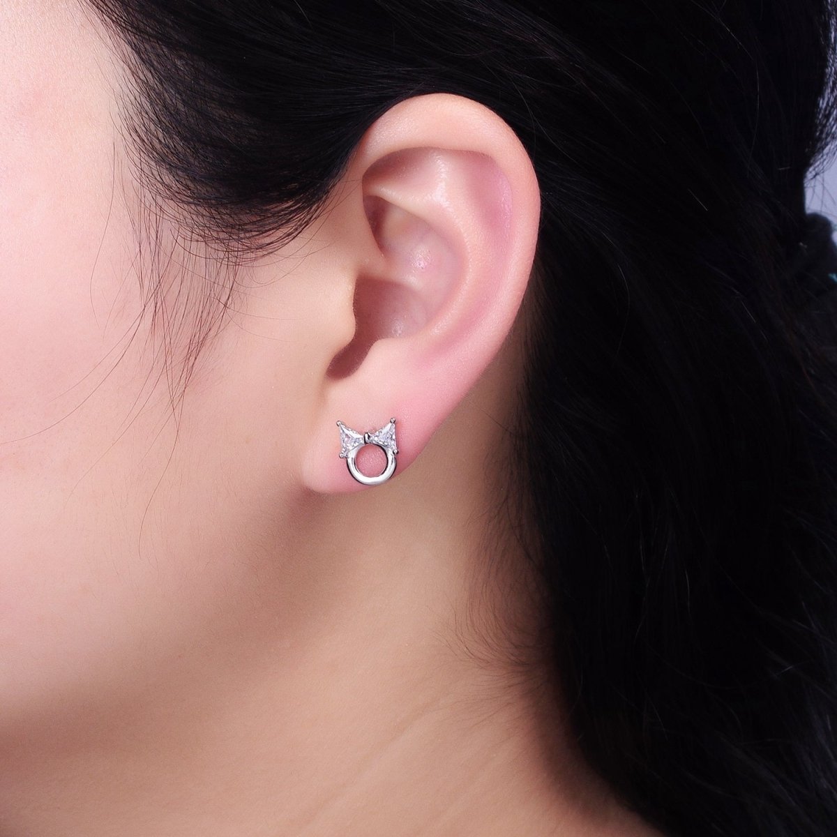 Silver, Gold Clear CZ Ribbon Bow Round Open Geometric Stud Earrings | AB580 AB610 - DLUXCA