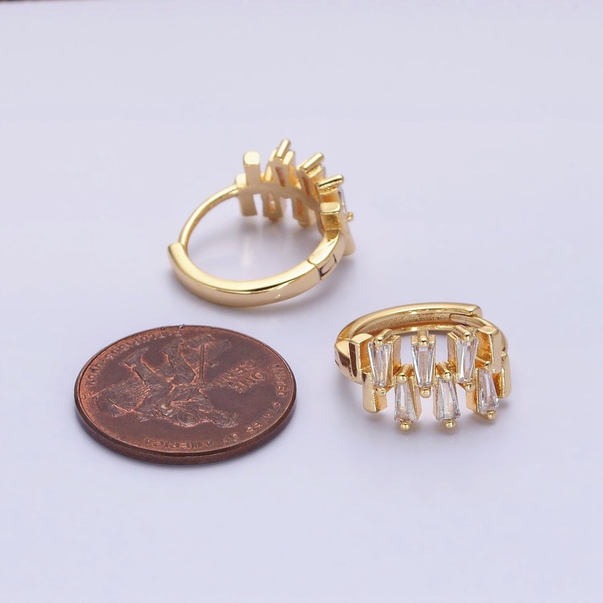 Silver, Gold Double Clear Baguette Lined 15mm Huggie Earrings | AB1091 AD789 - DLUXCA