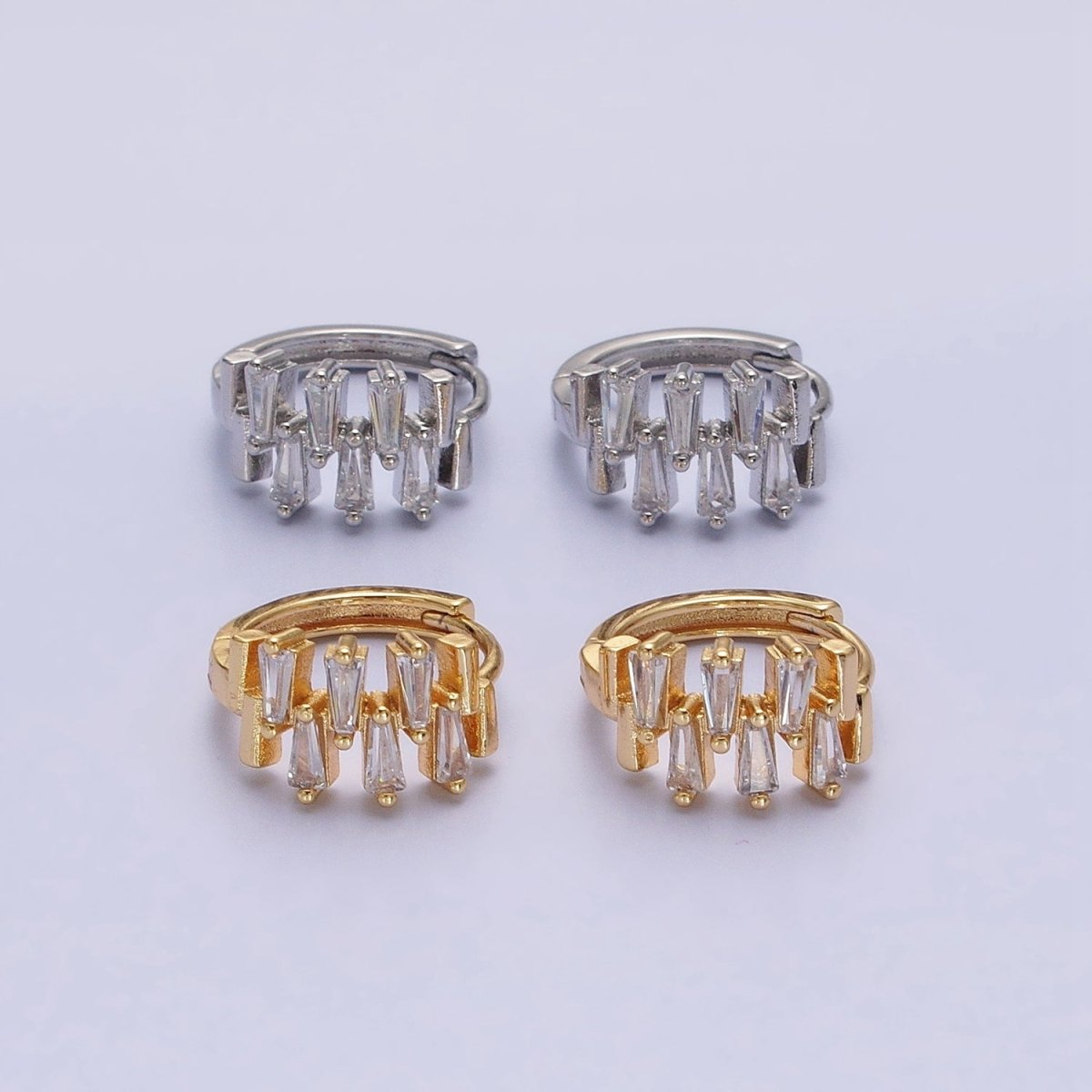 Silver, Gold Double Clear Baguette Lined 15mm Huggie Earrings | AB1091 AD789 - DLUXCA