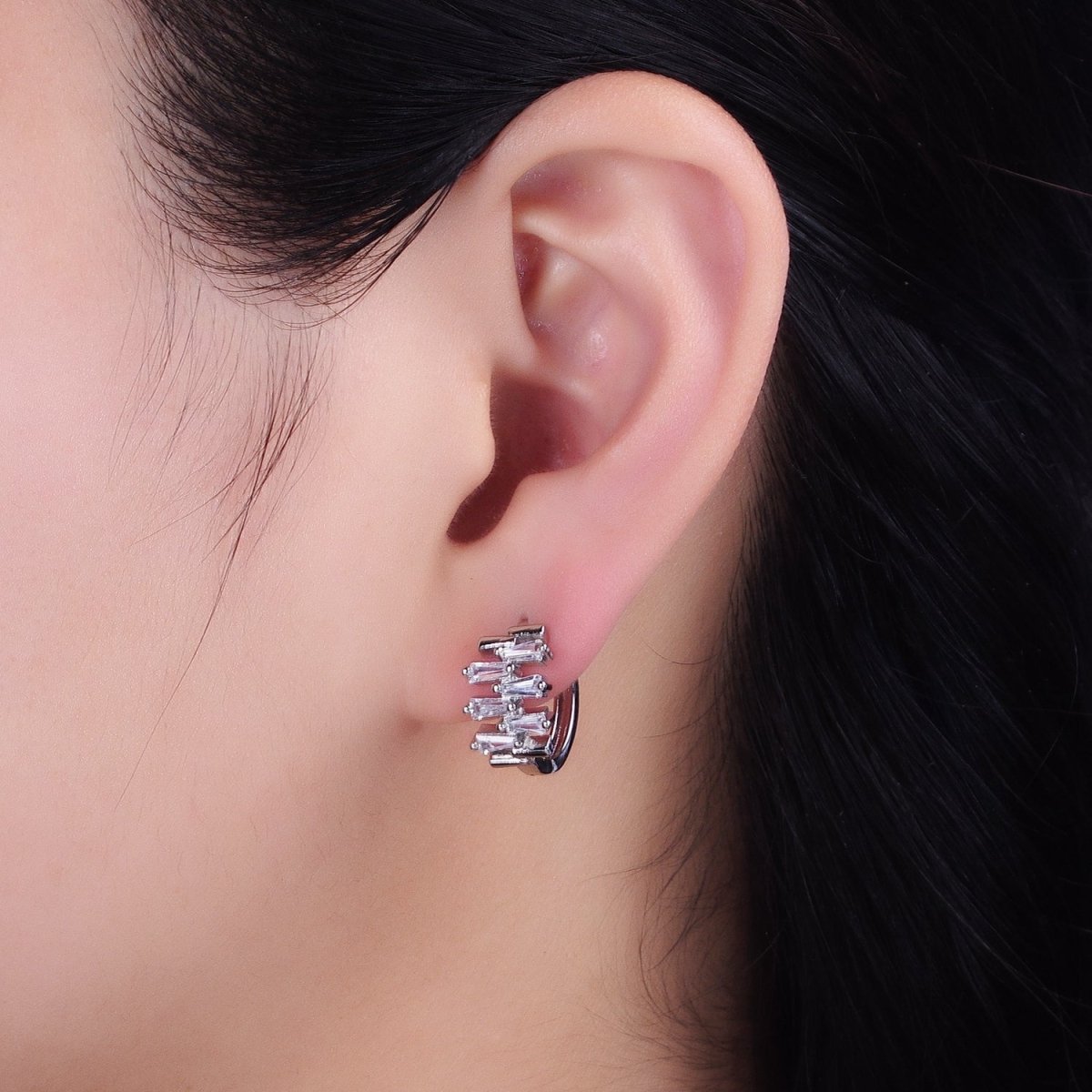 Silver, Gold Double Clear Baguette Lined 15mm Huggie Earrings | AB1091 AD789 - DLUXCA