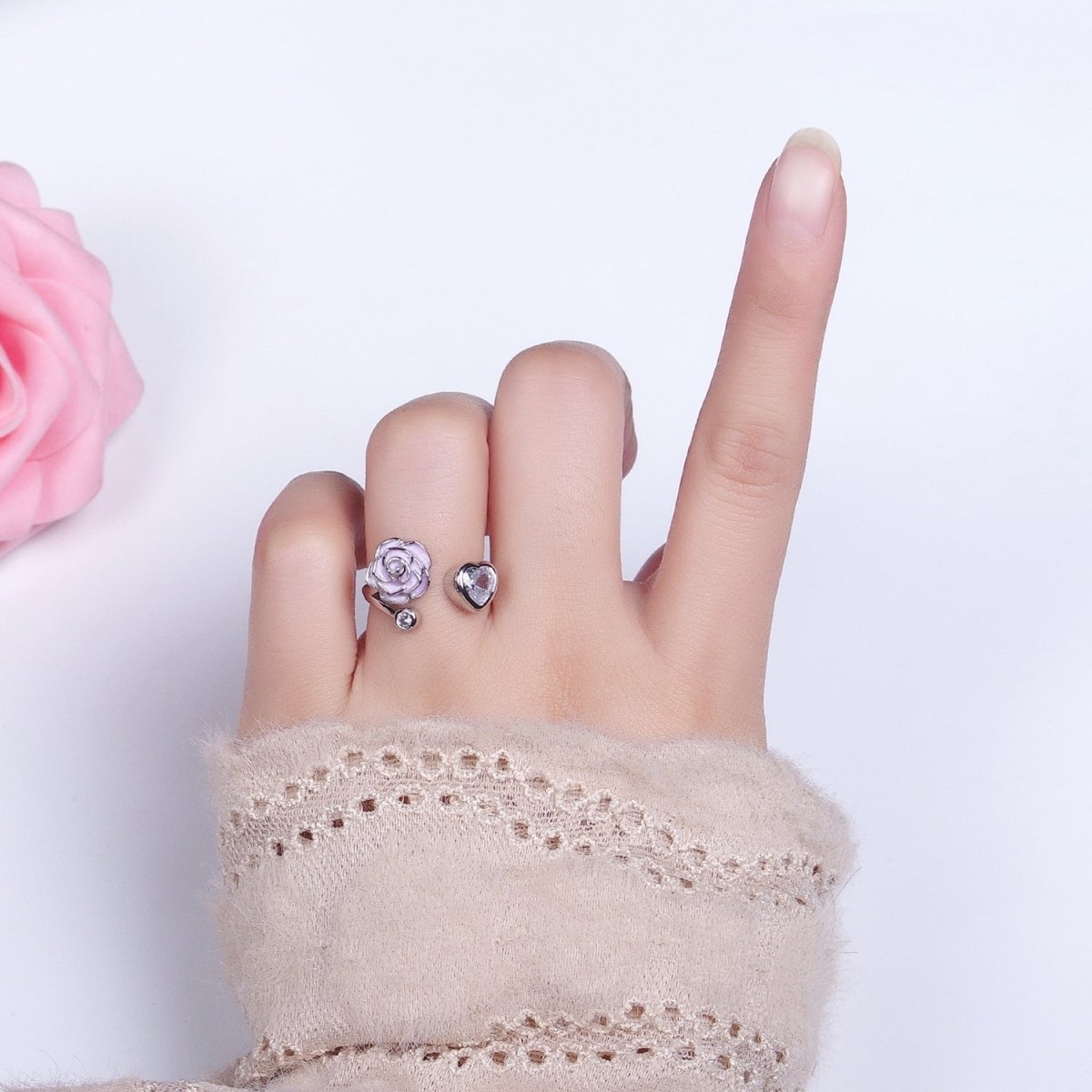 Silver, Gold Flower Rose White, Pink Enamel Clear CZ Open Ring | O-1884 O-1885 O-1886 O-1887 - DLUXCA