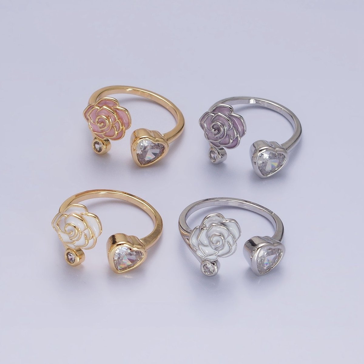 Silver, Gold Flower Rose White, Pink Enamel Clear CZ Open Ring | O-1884 O-1885 O-1886 O-1887 - DLUXCA