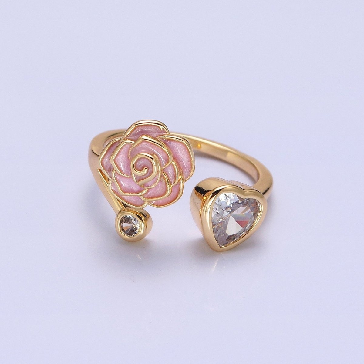 Silver, Gold Flower Rose White, Pink Enamel Clear CZ Open Ring | O-1884 O-1885 O-1886 O-1887 - DLUXCA