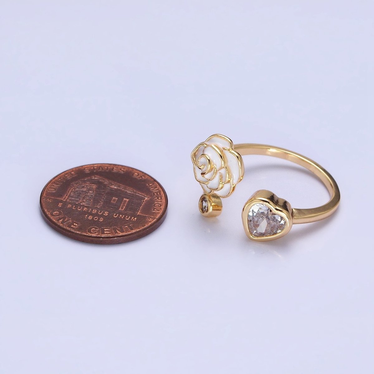 Silver, Gold Flower Rose White, Pink Enamel Clear CZ Open Ring | O-1884 O-1885 O-1886 O-1887 - DLUXCA