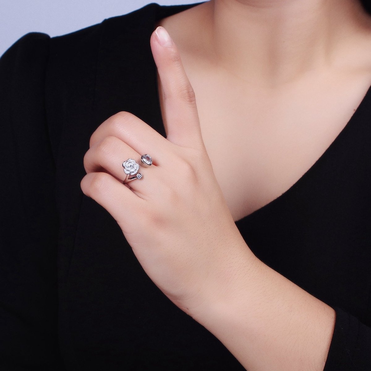 Silver, Gold Flower Rose White, Pink Enamel Clear CZ Open Ring | O-1884 O-1885 O-1886 O-1887 - DLUXCA