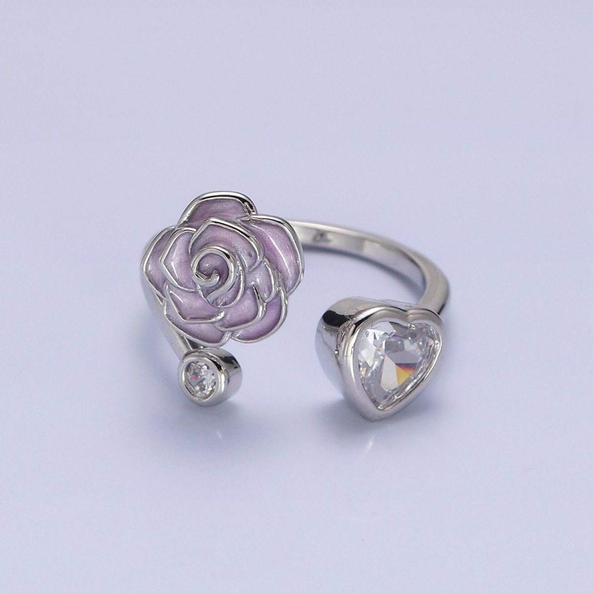 Silver, Gold Flower Rose White, Pink Enamel Clear CZ Open Ring | O-1884 O-1885 O-1886 O-1887 - DLUXCA