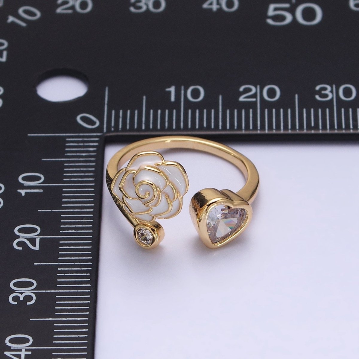 Silver, Gold Flower Rose White, Pink Enamel Clear CZ Open Ring | O-1884 O-1885 O-1886 O-1887 - DLUXCA