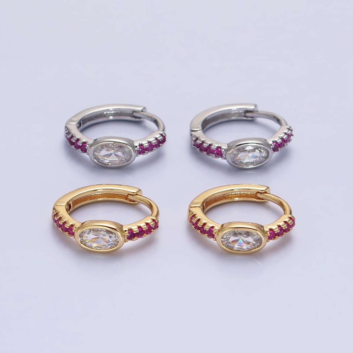 Silver, Gold Fuchsia Micro Paved Lined Clear Oval CZ 13mm Cartilage Huggie Earrings | AB814 AB826 - DLUXCA