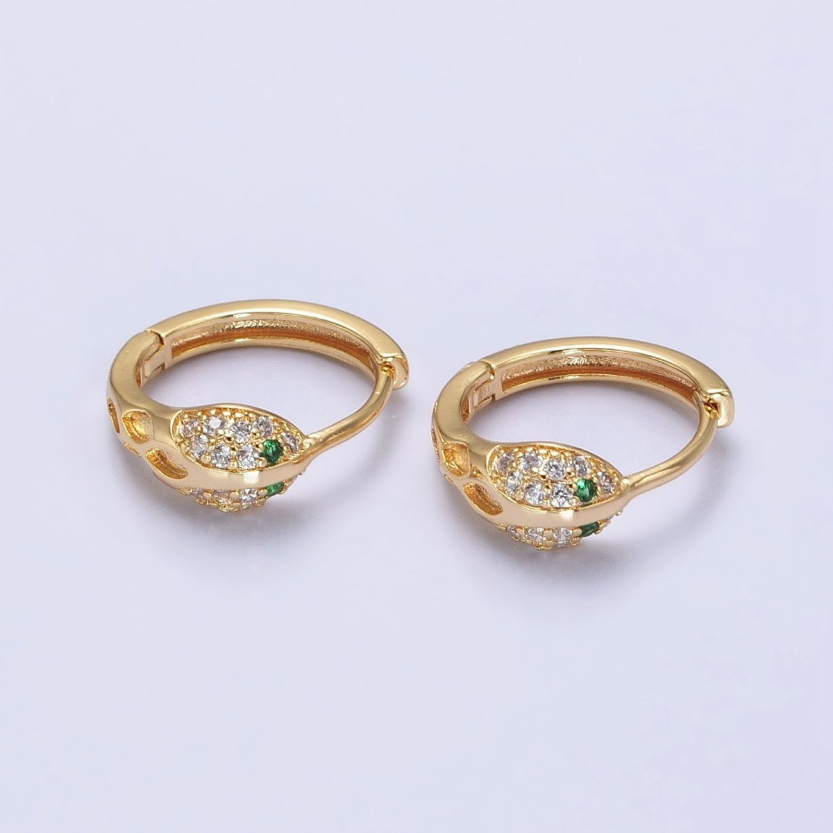 Silver, Gold Green-Eyed Micro Paved Serpent Snake Animal 15mm Huggie Earrings | AB739 AB752 - DLUXCA