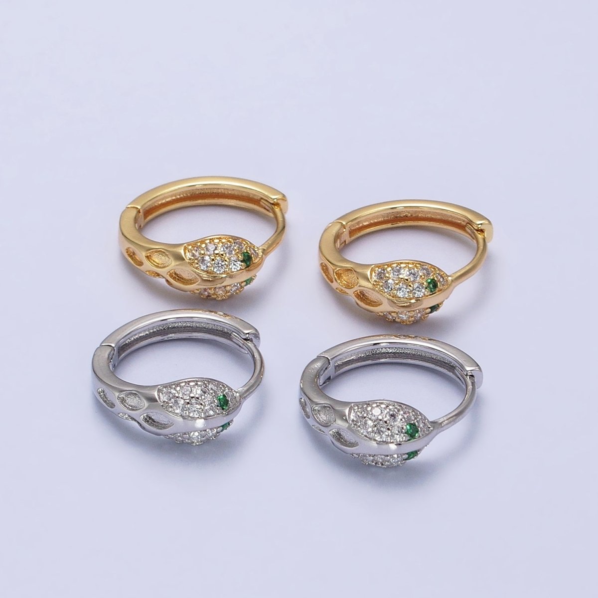 Silver, Gold Green-Eyed Micro Paved Serpent Snake Animal 15mm Huggie Earrings | AB739 AB752 - DLUXCA