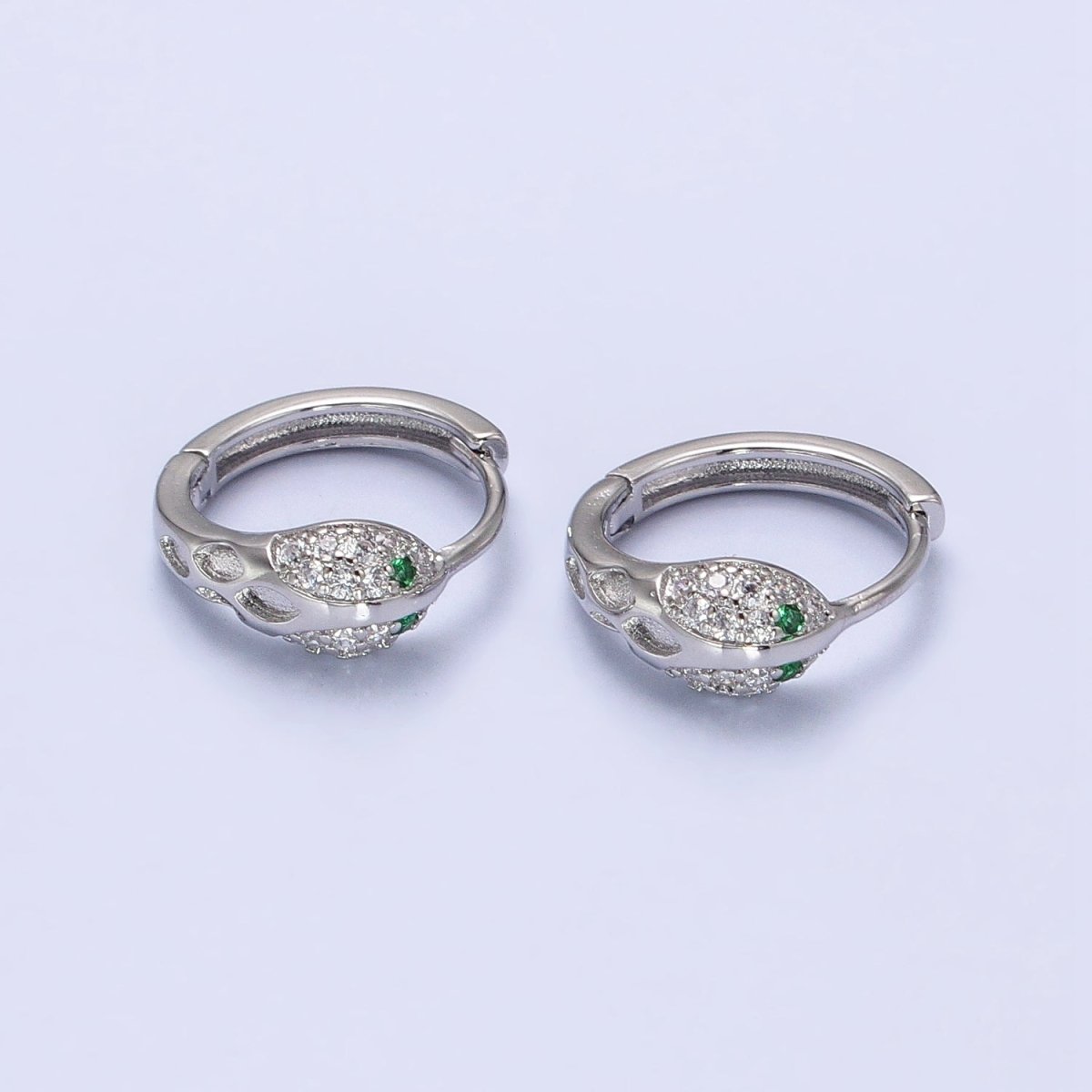 Silver, Gold Green-Eyed Micro Paved Serpent Snake Animal 15mm Huggie Earrings | AB739 AB752 - DLUXCA