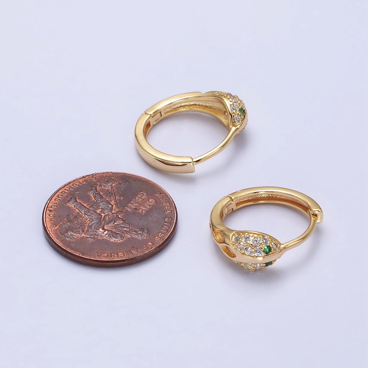 Silver, Gold Green-Eyed Micro Paved Serpent Snake Animal 15mm Huggie Earrings | AB739 AB752 - DLUXCA