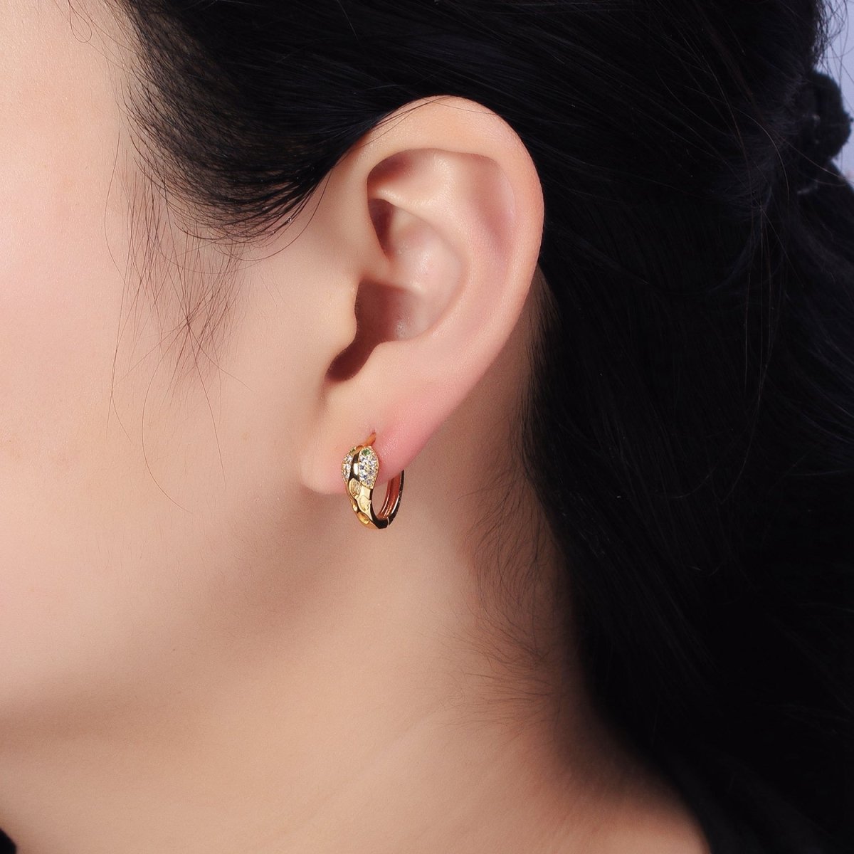 Silver, Gold Green-Eyed Micro Paved Serpent Snake Animal 15mm Huggie Earrings | AB739 AB752 - DLUXCA