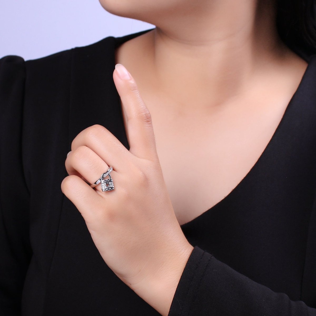 Silver / Gold Love Lock Ring Cuff Open Ring Adjustable Women Padlock Jewelry U-213 U-214 - DLUXCA