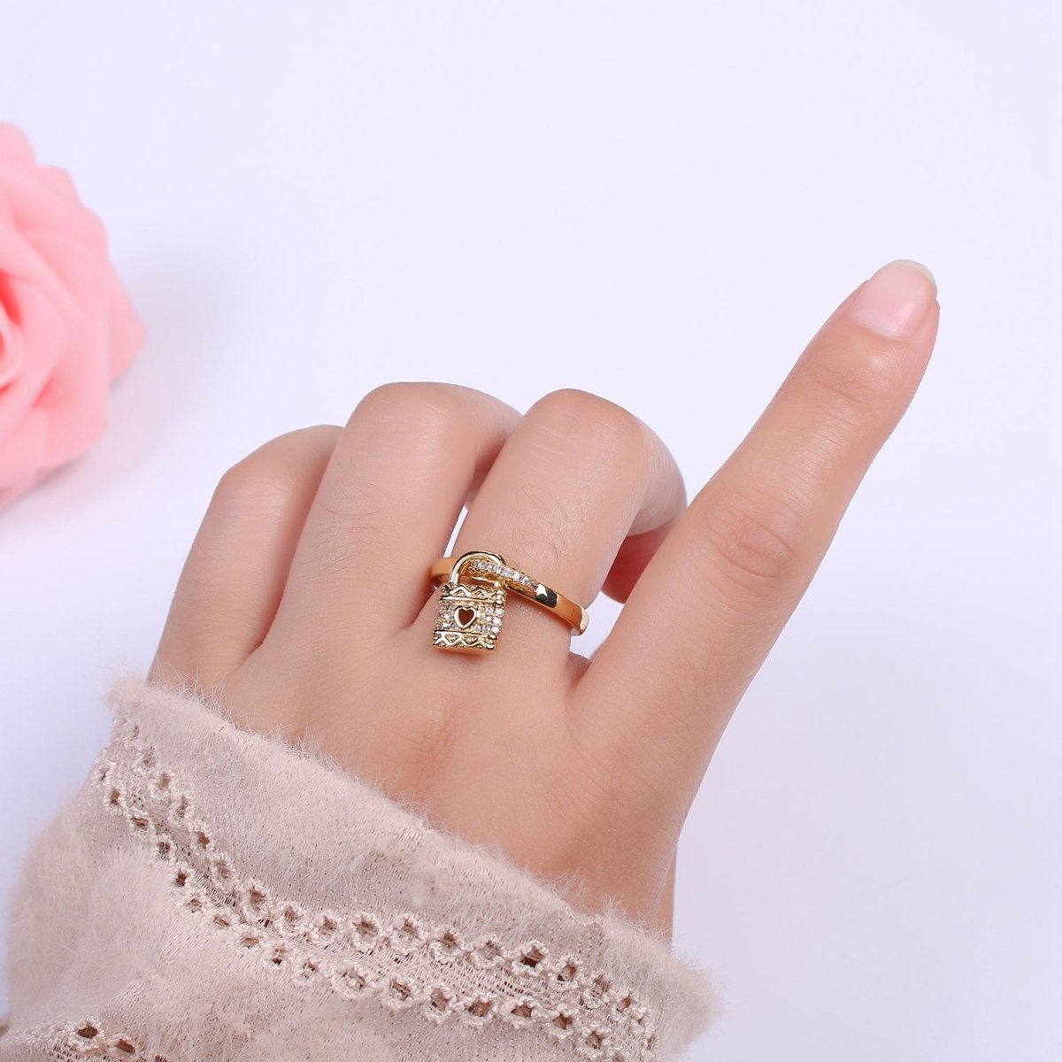 Silver / Gold Love Lock Ring Cuff Open Ring Adjustable Women Padlock Jewelry U-213 U-214 - DLUXCA