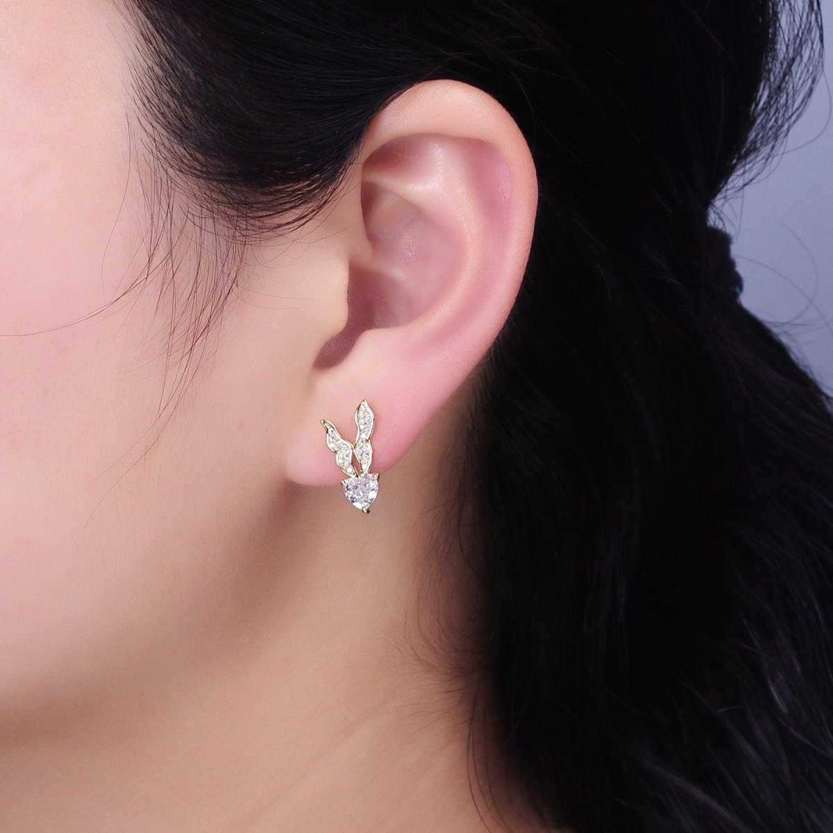 Silver, Gold Micro Paved CZ Butterfly Clear CZ Heart Drop Stud Earrings | AB955 AB974 - DLUXCA