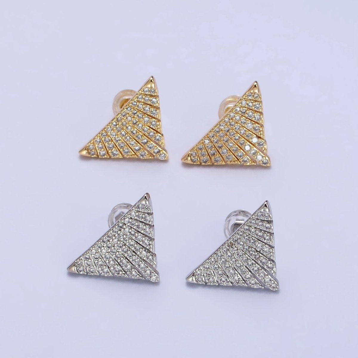 Silver, Gold Micro Paved Triangle Geometric Stud Earrings | AB403 AB777 - DLUXCA