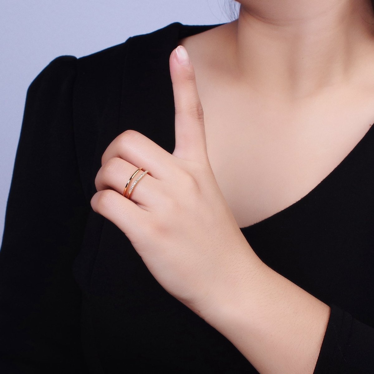 Silver, Gold Minimalist Clear Micro Paved CZ Square Double Band Ring | O-1509 O-1510 - DLUXCA