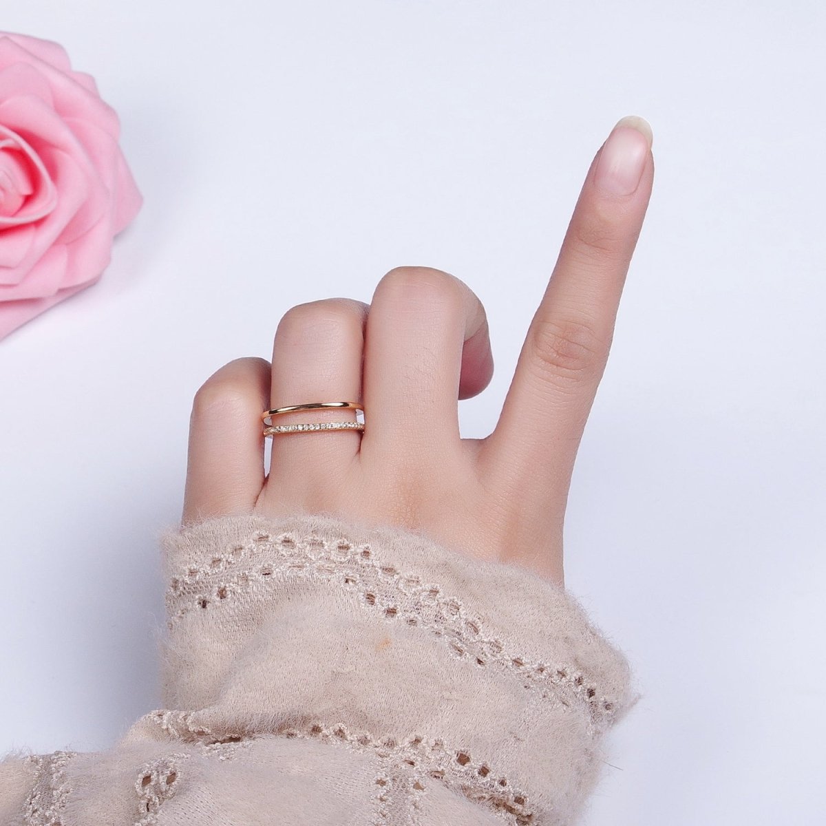 Silver, Gold Minimalist Clear Micro Paved CZ Square Double Band Ring | O-1509 O-1510 - DLUXCA