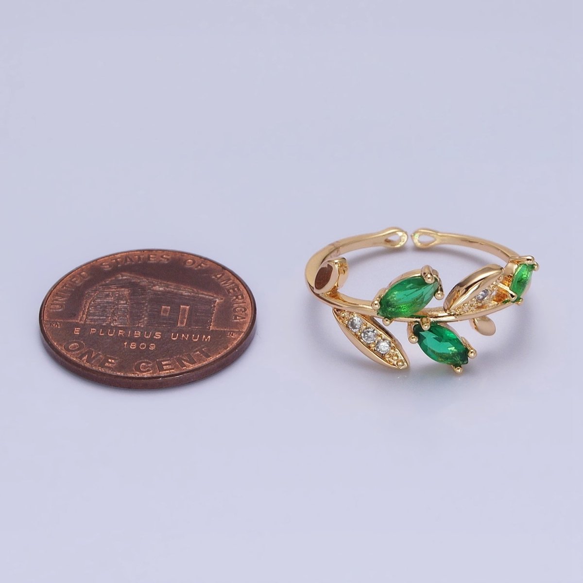 Silver, Gold Nature Leaf Green Marquise Micro Paved CZ Adjustable Ring | O-1894 O-1895 - DLUXCA