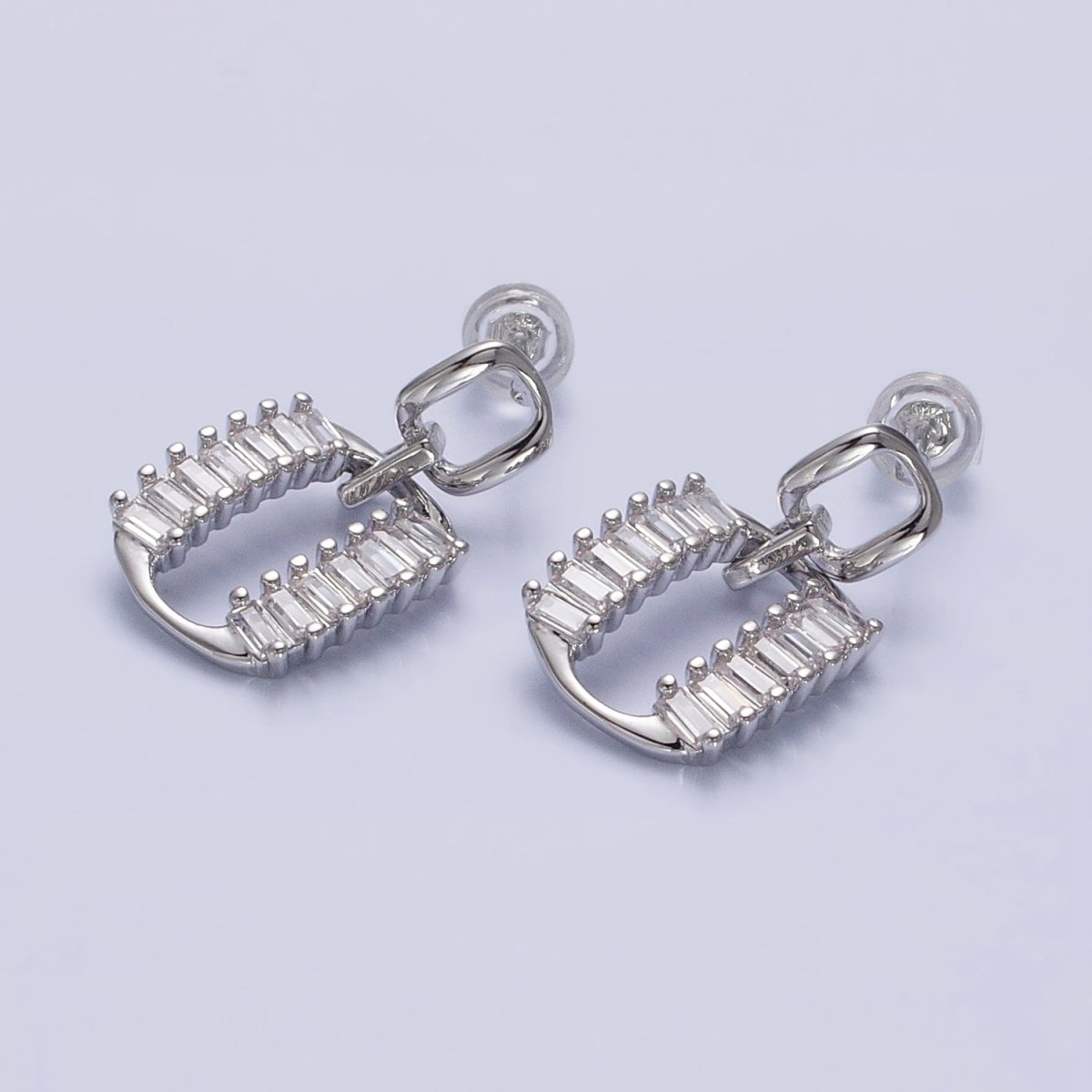 Silver, Gold Rectangular Baguette Lined Oblong Drop Stud Earrings | AB891 AB908 - DLUXCA