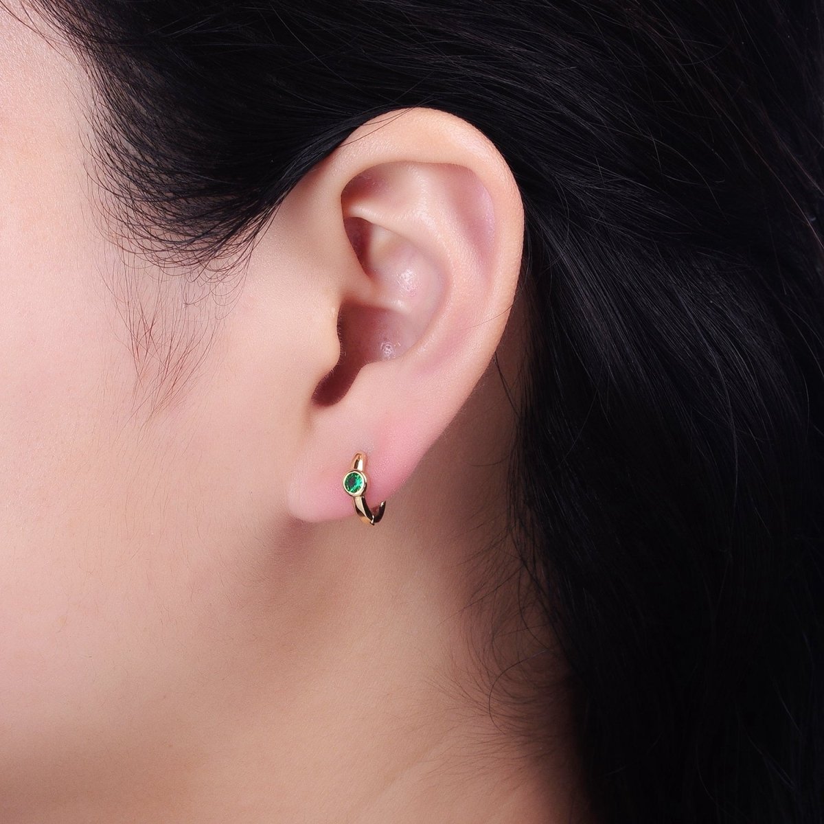 Silver, Gold Round Green CZ 12mm Cartilage Huggie Earrings | AB897 AB914 - DLUXCA